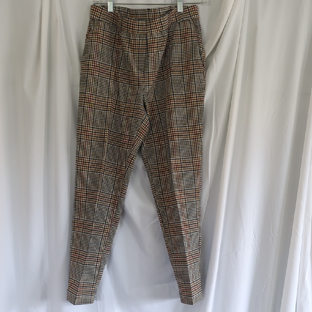 Jules & Leopold Plaid High-Waist Trousers in Tan, Blue And Rust Plaid